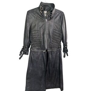 Black Long Faux Leather Trench Coat M Halloween Festival Cosplay Steampunk Goth